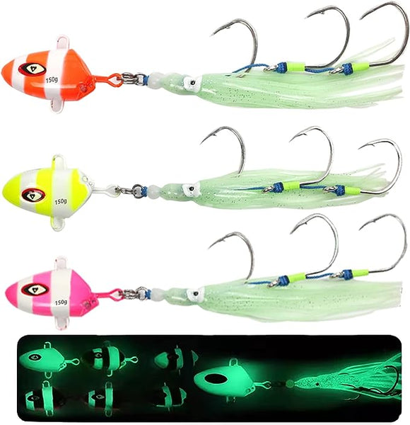 Joy Fishing 3 Pack Fishing Jigs Lures Saltwater 100g-200g,Slow Luminous Pitch, Jig Spoon Lure for Tuna,Salmon,Grouper,Bass,Snapper,Sailfish