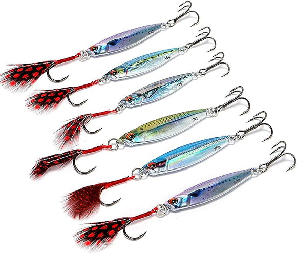 6PCS Fishing Lures Fishing Spoons,Sinking Metal Spoons Micro Jigging Bait,JoyFishing Vertical Fishing Jigs 0.53oz/0.7oz,Hard VIB Swimbait with Feather Hook for Bass Trout Freshwater Saltwater