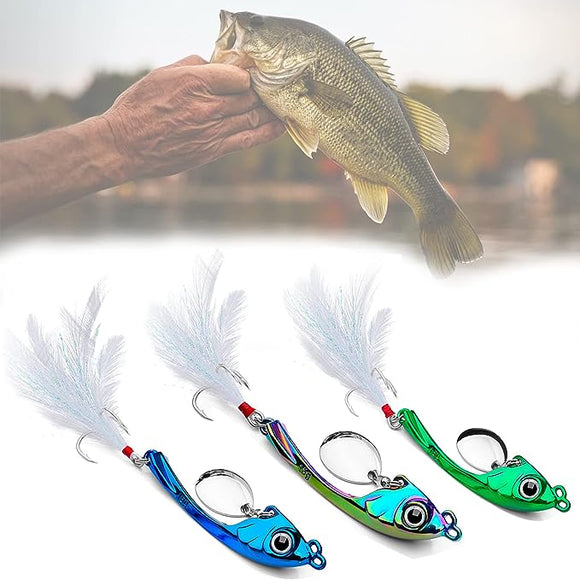 Spinner Spoon Blade Swimbait,Fishing Jigs Spoon Fishing Lures,JoyFishing Fishing Jigs Metal Fishing Spoons Lures,Sinking Jig Fish Baits,Treble Hooks with Feather Metal Sequins Bait