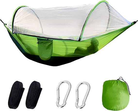 JoyFishing Lightweight Camping Hammock,Portable Hammock with Net,Pop-up Hanging Hammocks,Camping Accessories Single or Double Hammock for Outdoor Adventures,Tree Hammock (Green-A)