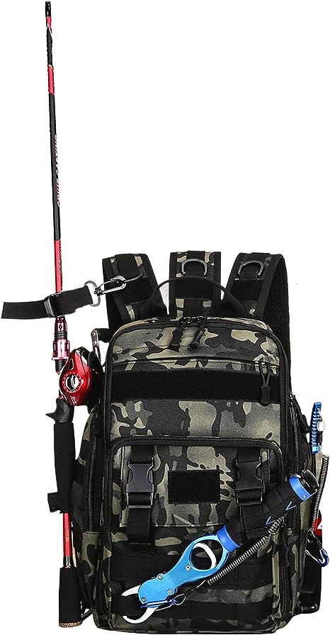 JoyFishing Fishing Tackle Backpack,Single/double shoulder Fishing Backpack with Rod Holder,Waterproof Large Tackle Gear Bag Storage, Fishing Tackle Bag for Fishing,Camping,Hiking (CamoA)