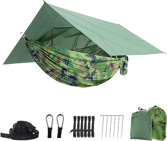 JoyFishing Camping Hammock with Net,Tree Straps and Removable Rain Fly Tarp,Lightweight Double Hammock,Portable Hammock Rainfly Set for Outdoor Hiking Backpacking,Travel (Camo)