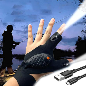 JoyFishing Rechargeable LED Flashlight Gloves,Outdoor Fishing Gloves Dad Men Gifts, Protection Fishing Fingerless Gloves,Finger Stall Protector Fishing Gloves for Camping Fishing Repairing