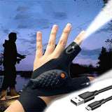 JoyFishing Rechargeable LED Flashlight Gloves,Outdoor Fishing Gloves Dad Men Gifts, Protection Fishing Fingerless Gloves,Finger Stall Protector Fishing Gloves for Camping Fishing Repairing